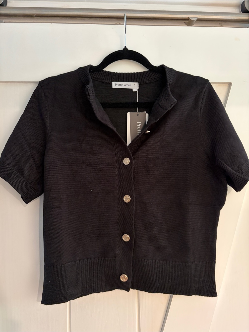 Pretty Garden Black Short-Sleeve Button Front Top